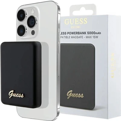 Afbeelding van Guess MagSafe Metal Script Logo inductie powerbank 15W 5000mAh zwart
