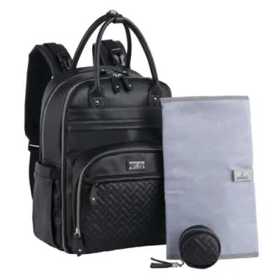 Image de BabbleRoo Sac à dos langer en cuir de voyage pour bébé Multifonction Avec matelas langer, sangles poussette et étui tétine Unisexe Noir