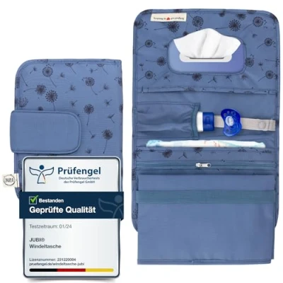 Afbeelding van Jubi® luiertas met aankleedkussen voor onderweg grote opening vochtige doek kleine extra veel ruimte blauw paardenbloemen