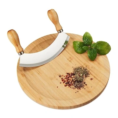 Afbeelding van Relaxdays wiegemes met plank bamboe rvs kruiden snijplank Ø 25 cm kruidenmes