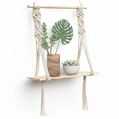 Afbeelding van Afuly Handgemaakte macramé wandrek, zwevend rek, boho, leuke decoratie, 1 niveau, badkamer, slaapkamer