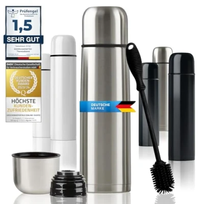 Afbeelding van Dubbelwandige roestvrijstalen thermosfles met beker en borstel; lekvrij, vaatwasmachinebestendig BPA vrij + reinigingsborstel; houdt dranken warm koud (zilver, 500 ml)