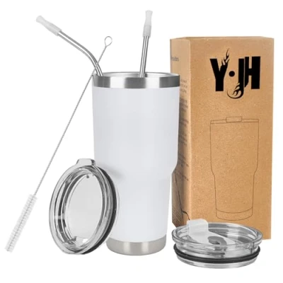 Afbeelding van Y·J&amp;H 900 ml reisbeker, dubbelwandig, vacuüm geïsoleerd, roestvrij staal, met 2 spatdeksels, rietjes en buisborstel, BPA vrij, wit