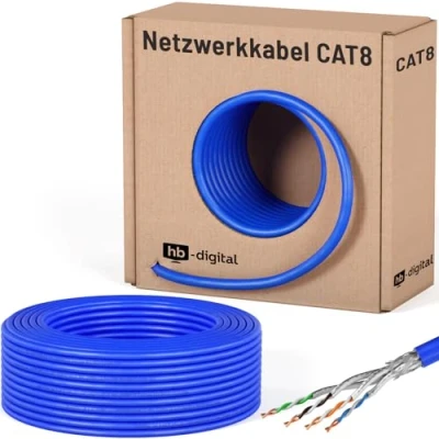 Afbeelding van hb digital 50m cat. 8 netwerkkabel installatiekabel B2Ca datakabel binnendiameter 0,6 mm Ethernet LAN kabel tot 40 Gbps koper S/FTP max. 2000 MHz PIMF LSZH halogeenvrij AWG 22/1 blauw