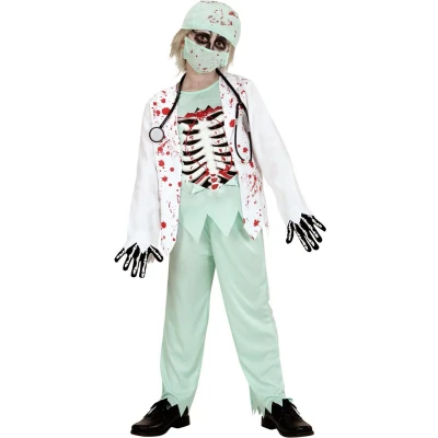 Afbeelding van Widmann Zombie Kostuum Skelet Dokter Jongen Groen, Wit / Beige Maat 158 Halloween Verkleedkleding
