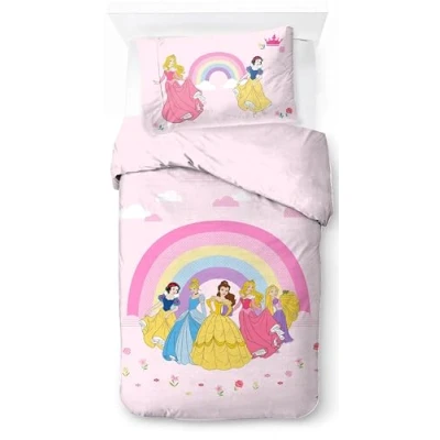 Afbeelding van Disney Princess Rainbow Dekbedovertrekset, 100% katoen, eenpersoonsbed, inclusief kussensloop, 50 x 70 cm