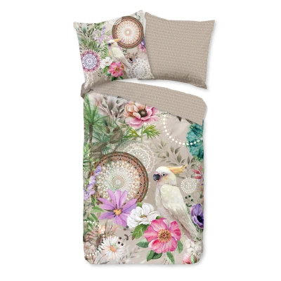 Afbeelding van Luxe Satijnen Dekbedovertrek 135x200 cm Mandala&#039;s, Bloemen en Papegaai Print Zand 1 Persoons 100% Katoen Satijn