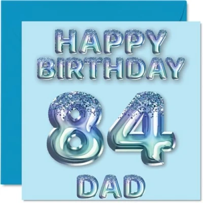 Afbeelding van Verjaardagskaart 84 jaar voor papa Blauwe ballonnen met glitter Verjaardagskaarten van zijn zoon, dochter, 145 mm x