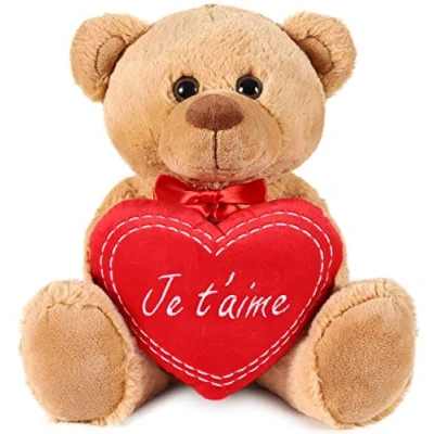 Afbeelding van BRUBAKER teddy pluche beer met hart rood Je T&#039;Aime 35 cm teddybeer knuffeldier bruin lichtbruin