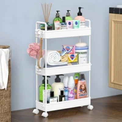 Afbeelding van Solejazz 3 laagse opbergtrolley kar. Uitschuifbare slanke rollende boodschappenkar. Mobiele opslag rekken organizer voor keuken, badkamer, wasruimte, slaapkamer en smalle plaatsen, kunststof, wit