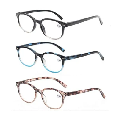 Afbeelding van MODFANS 3 stuks leesbril voor dames, bril met vergrootglas, licht, veertakken, rond, zwart/blauw/roze, zwart blauw roze