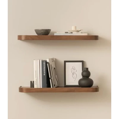 Afbeelding van Kazai.® Wandplankenset &#039;Toke&#039; 2 Hangende Planken in Echt Houtfineer Zwevende Houten Plank als Boekenplank, Wanddecoratie en Opbergruimte voor Badkamer, Woonkamer, Keuken of Slaapkamer Walnoot