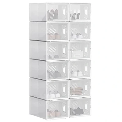 Afbeelding van WOLTU Set van 12 schoenendozen, opbergdozen, transparant, speelgoeddozen kunststof, opvouwbaar en stapelbaar, met deksel, 35 x 25 19 cm (l b h) SRX12tp