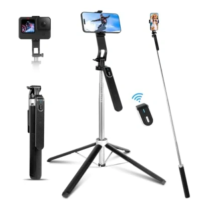 Afbeelding van Romon Selfiestick van 180 cm, Selfie Stick Quad Tripod, 360 graden draaibaar, uitbreidbaar, compatibel met iPhone Android telefoon, camera