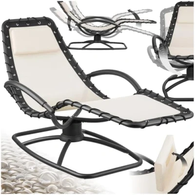 Afbeelding van tectake® ligstoel Toulon Ergonomische tuinstoel met schommelfunctie Verstelbare voor tuin, terras, balkon hoofdkussen en comfortabele armleuningen 120kg draagkracht Beige