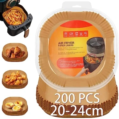 Afbeelding van Owelth 200 vellen bakpapier 20 24 cm voor heteluchtfriteuse, vierkant, anti aanbaklaag, oliebestendig, wegwerppapier, ovenaccessoires, koekenpan, magnetron