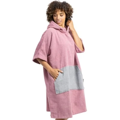 Afbeelding van HOMELEVEL badponcho voor dames en heren Maat L/XL strandponcho 100% katoen Surfponcho volwassenen Lichtgrijs oudroze