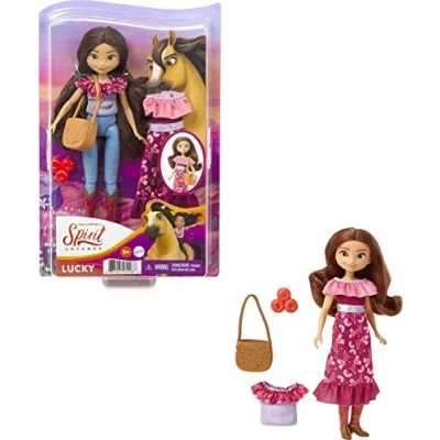 Afbeelding van Dreamworks Spirit GXF17, Untamed Lucky Pop (18 cm), 2 modieuze outfits, handtas en accessoire met paardenthema, 7 beweegbare gewrichten, geweldig cadeau voor kinderen van 3 jaar ouder
