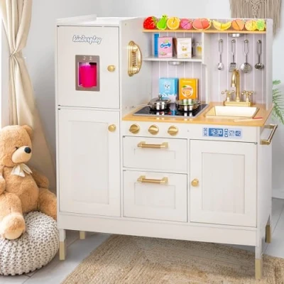 Afbeelding van Green series GS0060 1 Grote houten speelkeuken voor kinderen met twee hoogteniveaus 89 cm en 103 cm, ledverlichting, accessoires, kinderkeuken licht geluid
