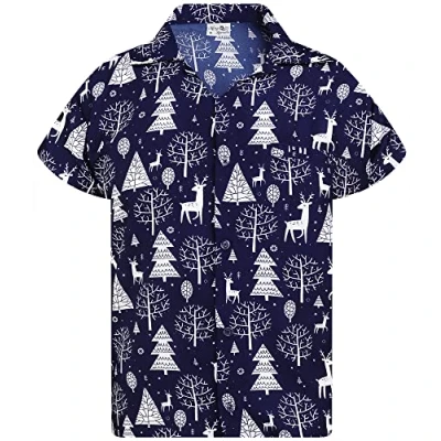 Afbeelding van King Kameha Funky Hawaïhemd voor dames, korte mouwen, borstzakje, Hawaï print, ananas, Reindeer Allover Blauw