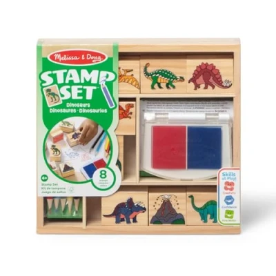 Afbeelding van Melissa &amp; Doug Houten stempelset: dinosaurussen 8 stempels, 5 gekleurde potloden, 2 kleurige stempelpads