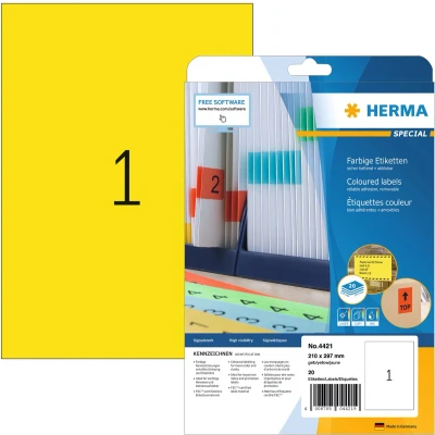 Afbeelding van Etiket HERMA 4421 210x297mm verwijderbaar A4 geel 20stuks