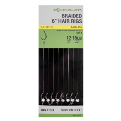 Image de Korum Super Acier Gros Poissons Braided Hair Rigs 6&quot; Barbless (8pcs) Maat : Haak 10 0.25mm