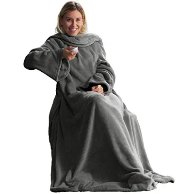 Afbeelding van CelinaTex TV deken met Mouwen en Voetenzak, Zachte Deken, 150 x 180 cm, Grijs, Microvezel, Fleece, Oeko Tex