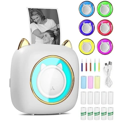 Afbeelding van Mini printer, draagbare fotoprinter met led in zeven kleuren, printer voor foto&#039;s, labellijst 13 rollen thermisch papier, compatibel Android, iOS systeem