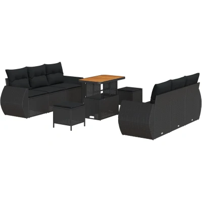 Afbeelding van vidaXL 9 delige Tuin Sofaset met Kussens Zwart Poly Rattan Acacia, 3 Eetset Acacia