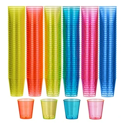 Afbeelding van MATANA 300 shotglazen van fluorescerend plastic voor verjaardagen, bruiloften, Halloween, Kerstmis, feestjes (30 ml), kleurrijke shooters, robuust en herbruikbaar