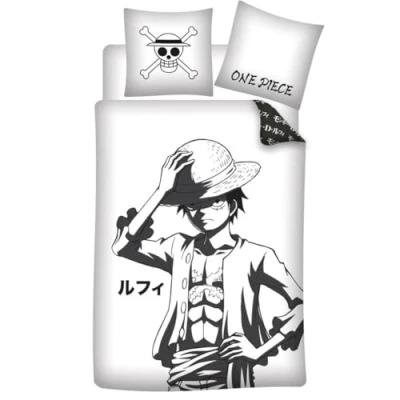 Afbeelding van Eendelige beddengoedset, zwart en wit, 100% katoen, dekbedovertrek 140 x 200 cm, kussensloop 60 70 met Monkey D. Luffy