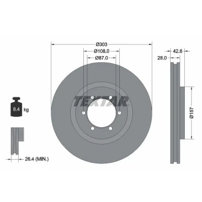 Afbeelding van TEXTAR PRO 92180003 Remschijf 303 28 06/06 108 interne ventilatie Gecoat Zonder wielbevestigingsbout, wielnaaf HYUNDAI: Terracan Box Body / SUV