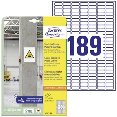 Afbeelding van Avery Zweckform L7871 20 ( 25.4 x 10 mm, Wit, 3780 stuk(s), Permanent hechtend, Sterk hechtend