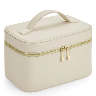 Afbeelding van Boutique Beauty Case Toilettas van kunstleer Saffiano, 23 x 15 14 cm, met binnenvakken en draaggreep, Oyster (lichtbeige), Modern