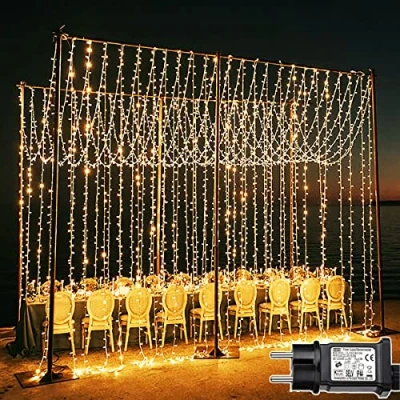 Afbeelding van Joycome 6 m x 3 m, 600 leds, lichtgordijn, 8 modi, kerstverlichting, waterdicht, gordijn voor muur, slaapkamer, balkon, buiten, binnen, kerstdecoratie (warmwit)
