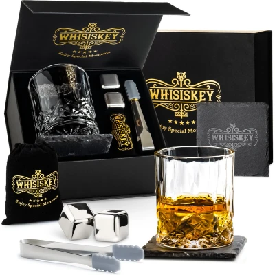 Afbeelding van Whisiskey Luxe Whiskey Set Incl. Glas, 2 Stones, Onderzetter, IJstang, Fluwelen Opbergzak, Opbergbox Glazen Whisky Geschenkdoos Accessoires Herbruikbare IJsblokjes