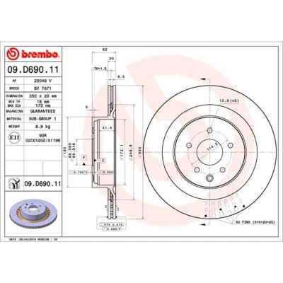 Afbeelding van BREMBO 09.D690.11 Remschijf 350 20 5 interne ventilatie Gecoat NISSAN: 370Z Coupe