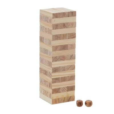 Afbeelding van Relaxdays vallende toren houten spel met getallen stapelspel wiebeltoren