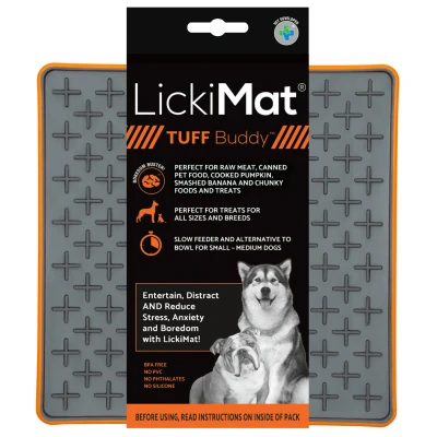 Afbeelding van Lickimat Buddy Tuff Slowfeeder Voermat 20x20 cm Hondenvoerbak Oranje&amp;Grijs