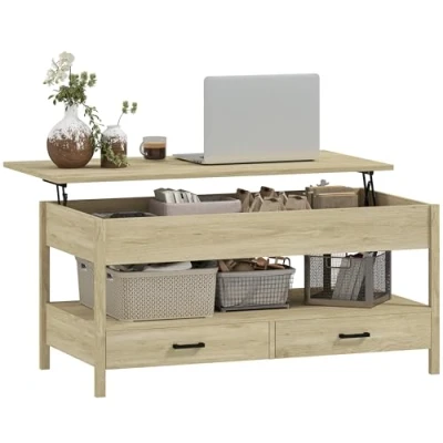 Afbeelding van HOMCOM Salontafel opklapbaar blad, rechthoekige woonkamertafel met laden en verborgen vak voor woonkamer, thuiskantoor, 100 x 50 62 cm, eiken