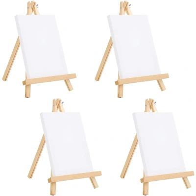 Afbeelding van Belle Vous mini houten schildersezel met canvas (set 4) h 20 x b 15 cm voorgespannen leeg set en tafelschildersezel voor olieverf acrylschilderij kindertekeningen