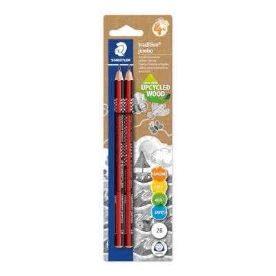 Afbeelding van STAEDTLER jumbo 1285 0 BK2 Leerpotlood gemaakt van gerecycled hout, antislip zacht oppervlak, in Duitsland, blisterkaart met 2 2B potloden,