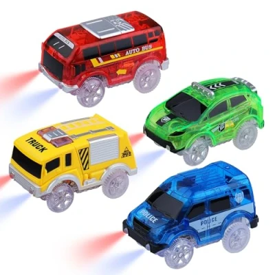 Afbeelding van Tracks Cars 4 stuks Magic Toy Glow in The Dark, auto trackaccessoires met 5 knipperende ledlampen, compatibel de meeste kindertracks,