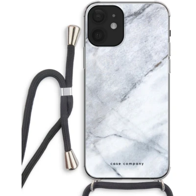 Afbeelding van Case Company® hoesje met Koord geschikt voor iPhone 12 Witte marmer Telefoonhoesje Zwart Extra Bescherming aan alle Kanten en Over de Schermrand