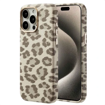 Afbeelding van Selencia Hoesje geschikt voor iPhone 15 Pro Max Sabi Backcover panterprint MagSafe Soft Ivory