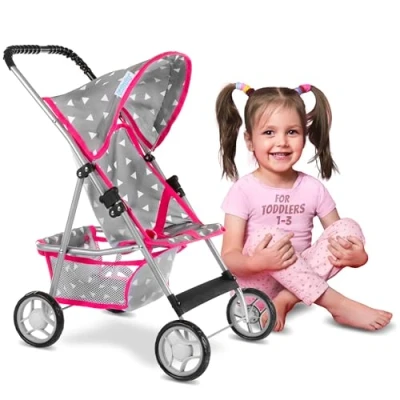 Afbeelding van Kinderplay Poppenwagen, poppenbuggy kinderwagen, buggy met veiligheidsgordel en boodschappennet babyspeelgoed, modern, lichtlopende wielen zachte grip, KP0280S