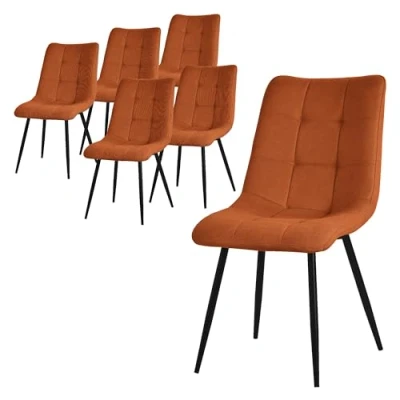Afbeelding van Eetkamerstoelen set van 6 oranje keukenstoelen met polyester hoes en stalen poten ML design