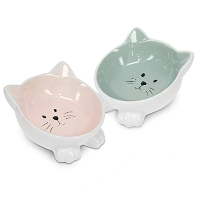Afbeelding van Navaris voerbakjes voor katten Set van 2 voer en waterbakken Etensbak keramiek Met antislip voetjes Kattenvorm Roze/Groen
