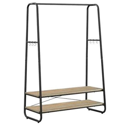 Afbeelding van VASAGLE Kledingrek, kapstok, kast, garderobe, met 2 planken, 6 S vormige haken, stalen frame, voor slaapkamer, turquoise bruin en matzwart RGR112K01